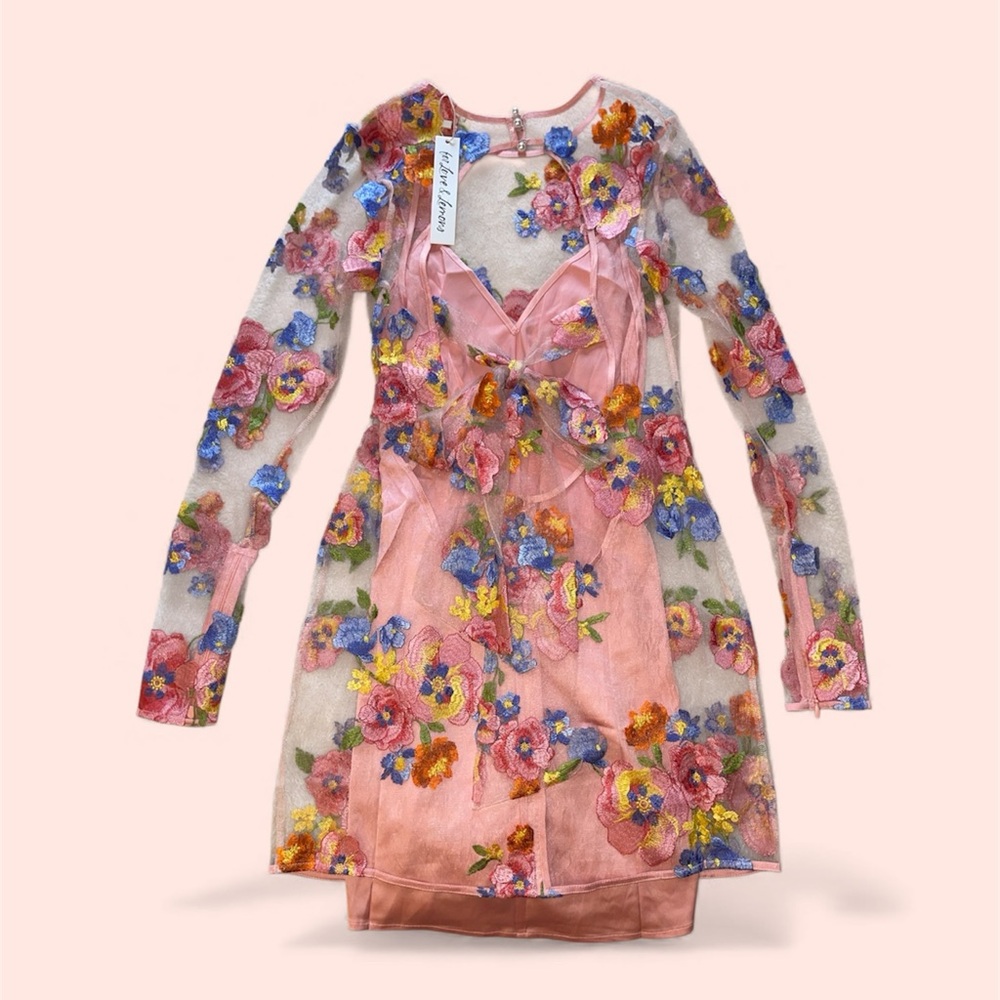 For Love & Lemons Percy Pink Long Sleeve Floral Mesh Mini Dress
